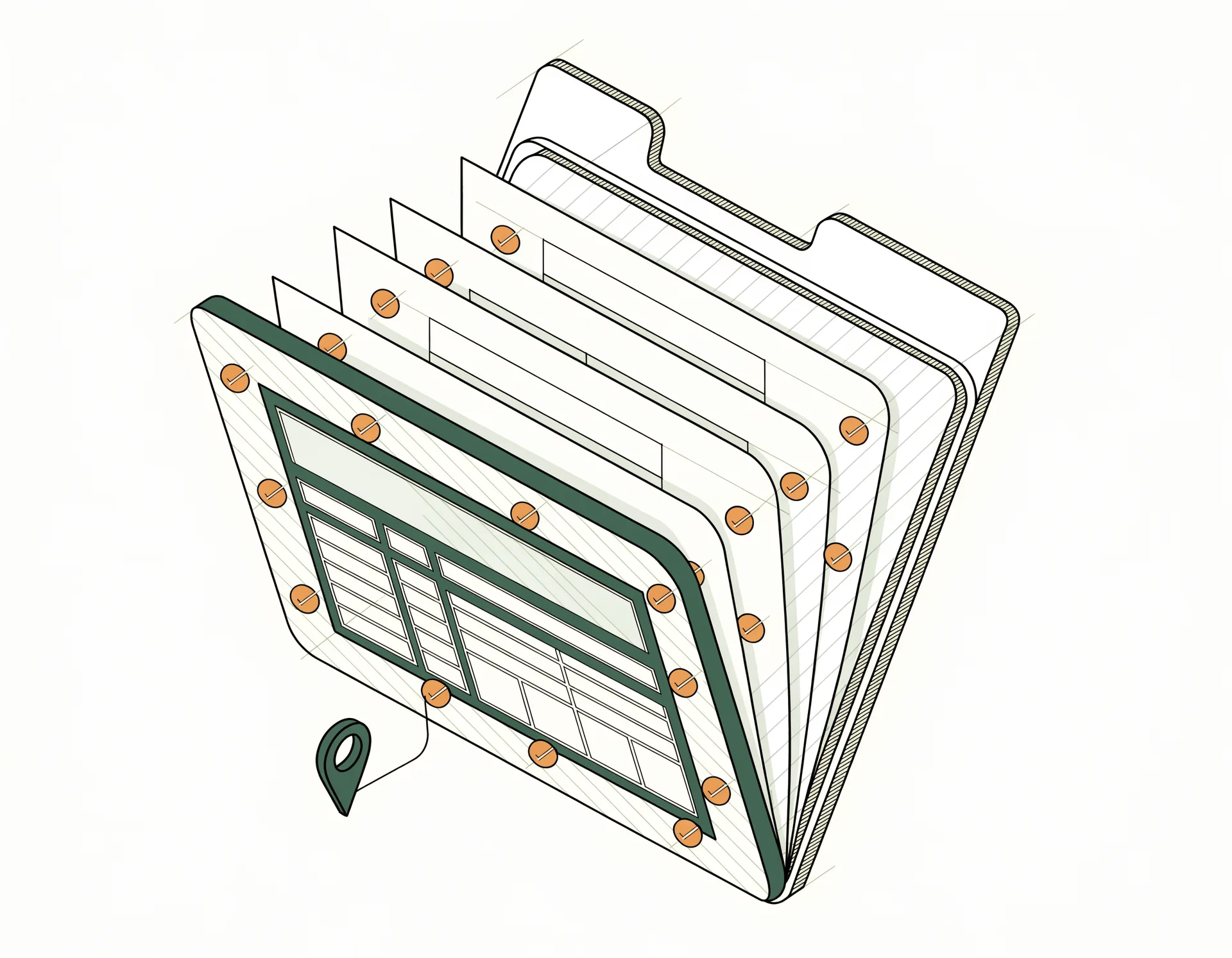 Drafting-line illustration of jurisdiction-specific permit forms surfaced from a folder, the required lead form highlighted in green with a location pin marking the Seattle jurisdiction.