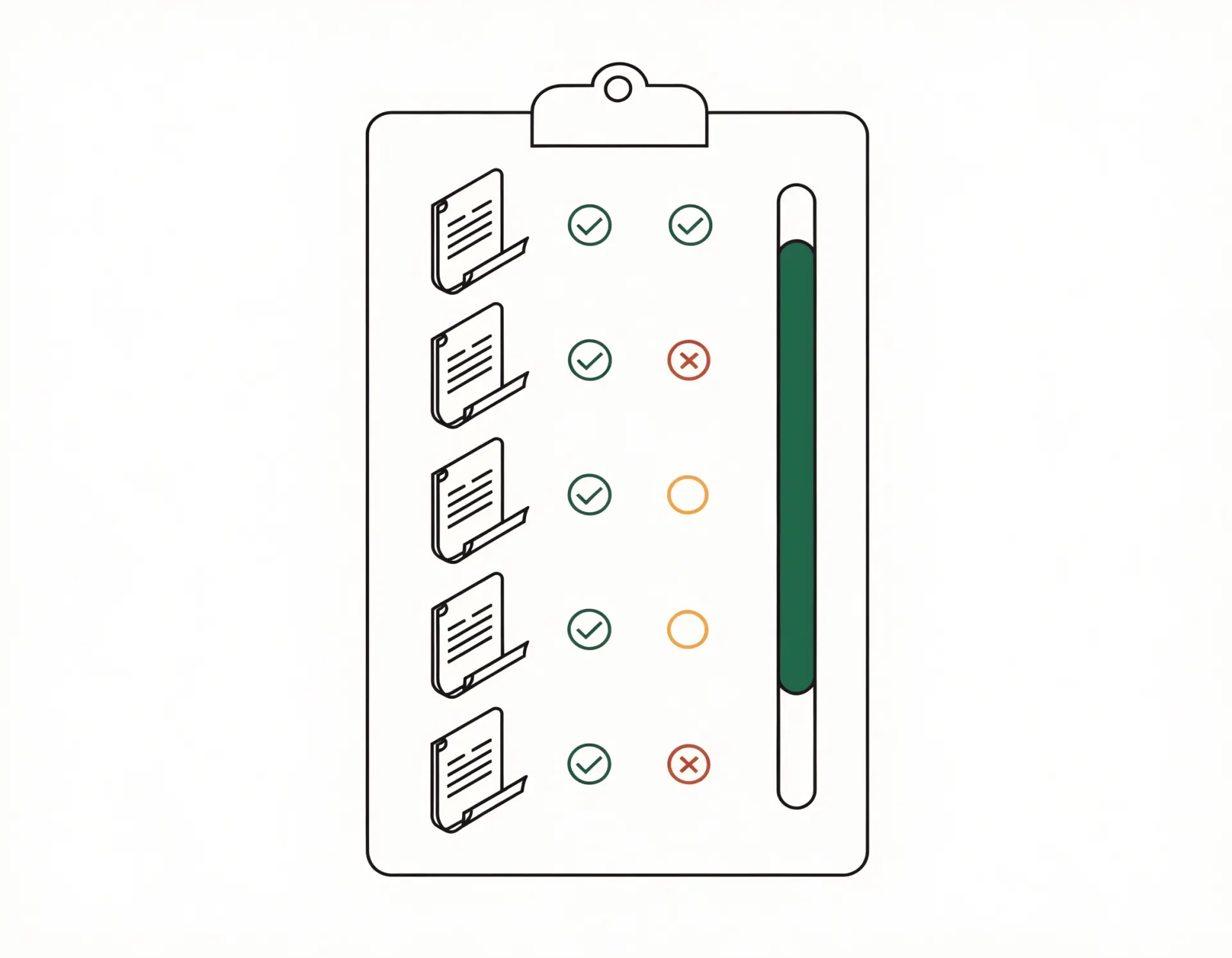 Drafting-line illustration of a required-documents checklist on a clipboard with green pass checks, a red fail cross, and an amber pending marker, beside a green readiness meter.