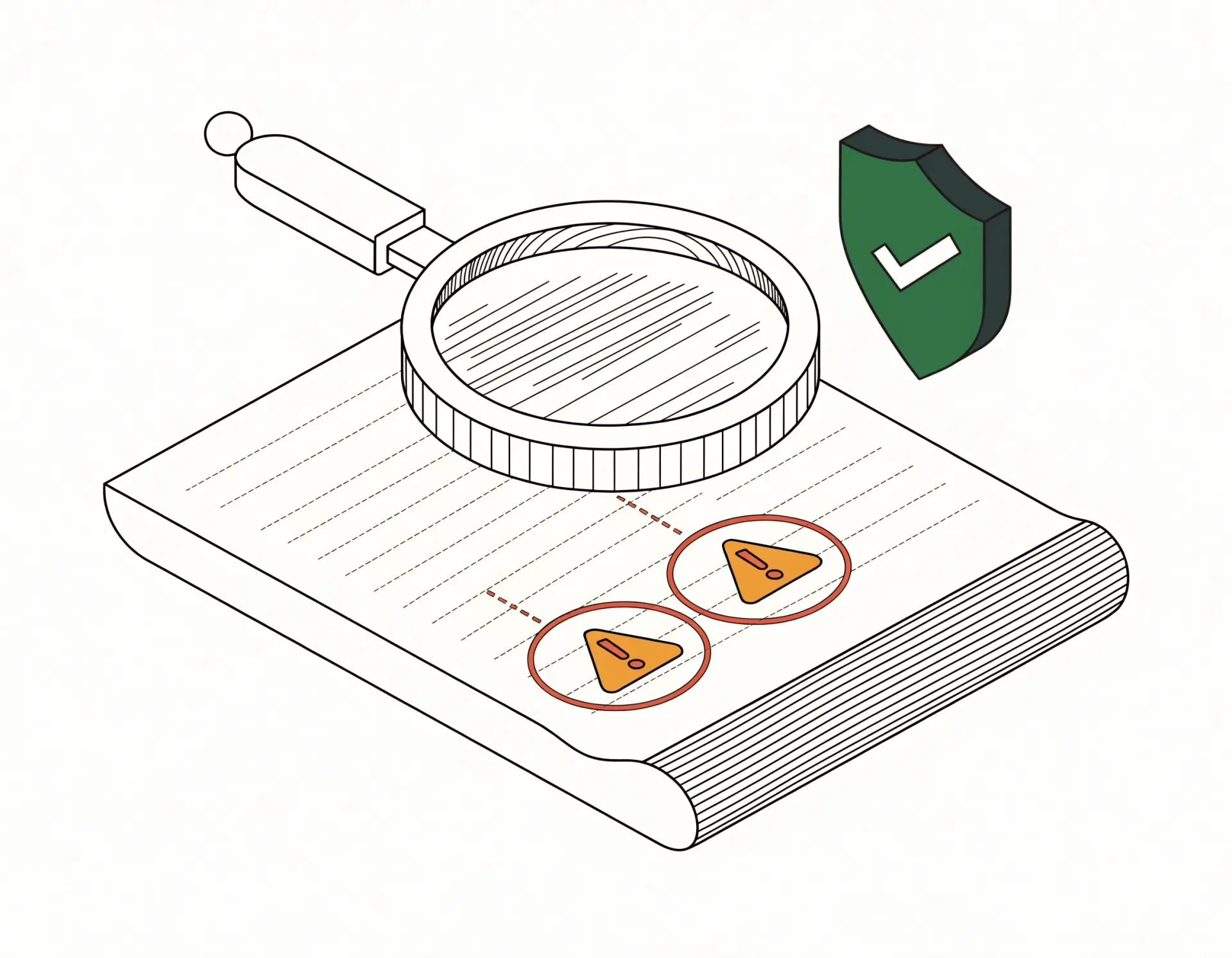 Drafting-line illustration of rejection-trigger warnings caught on a permit form under a magnifier - two fields circled in clay red with amber warning flags, and a green shield confirming the issues were caught before filing.